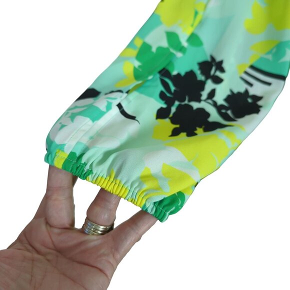 KAARI Blue V-Neck Long keyhole Sleeve yellow green abstract print Dress Size L - Picture 11 of 16